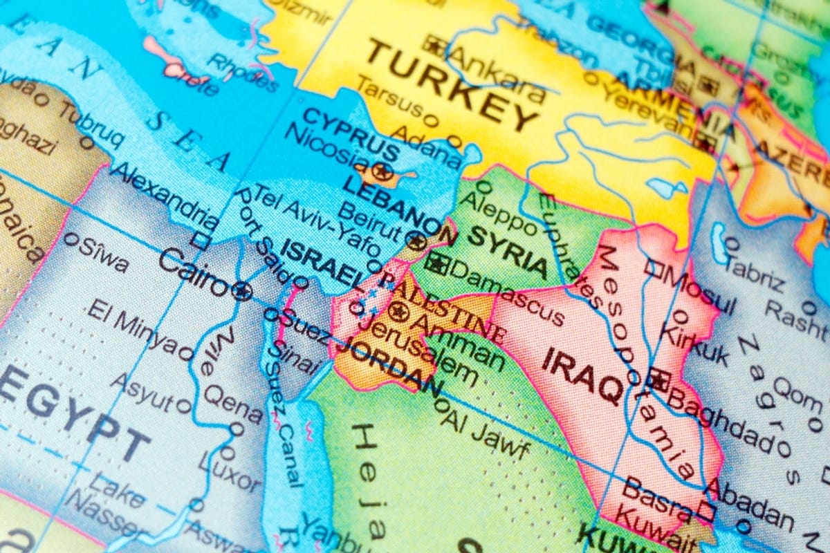 Middle East countries including Israel, Palestine, and Gaza in close-up focus