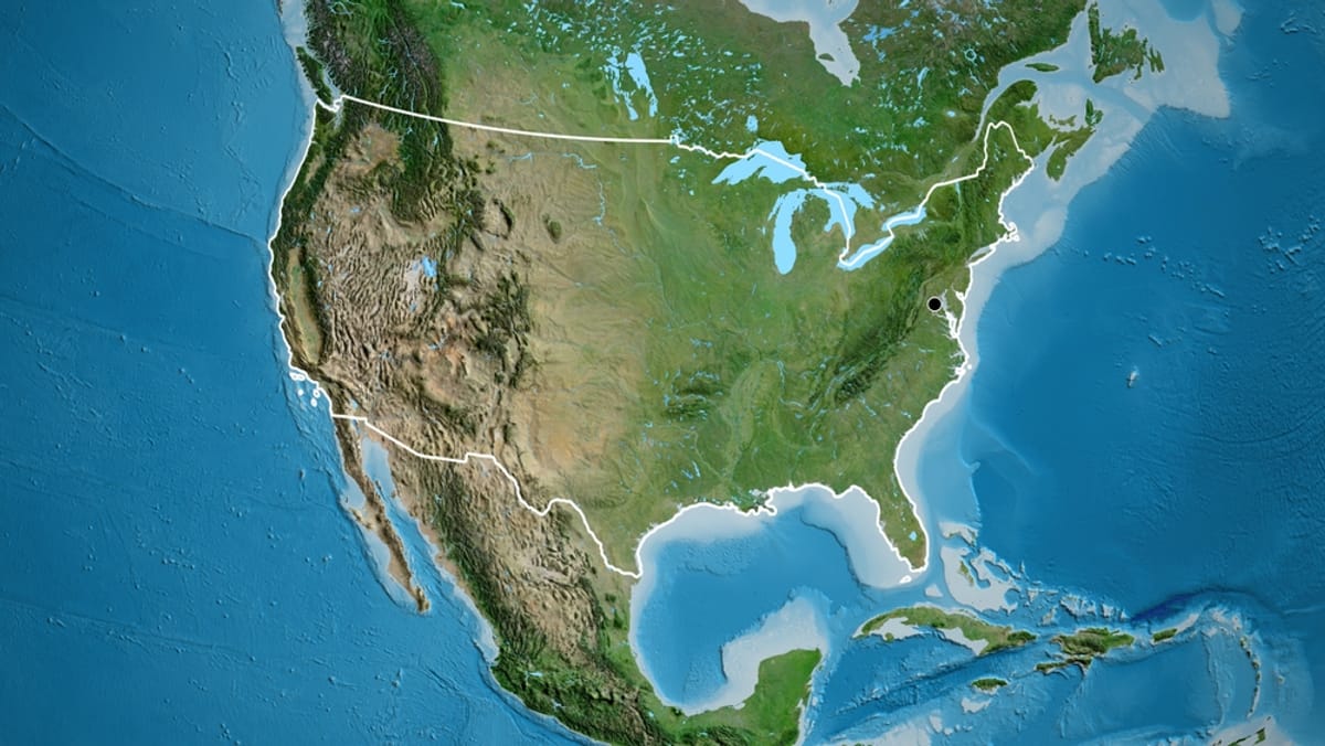 Close-up of the United States border area on a map